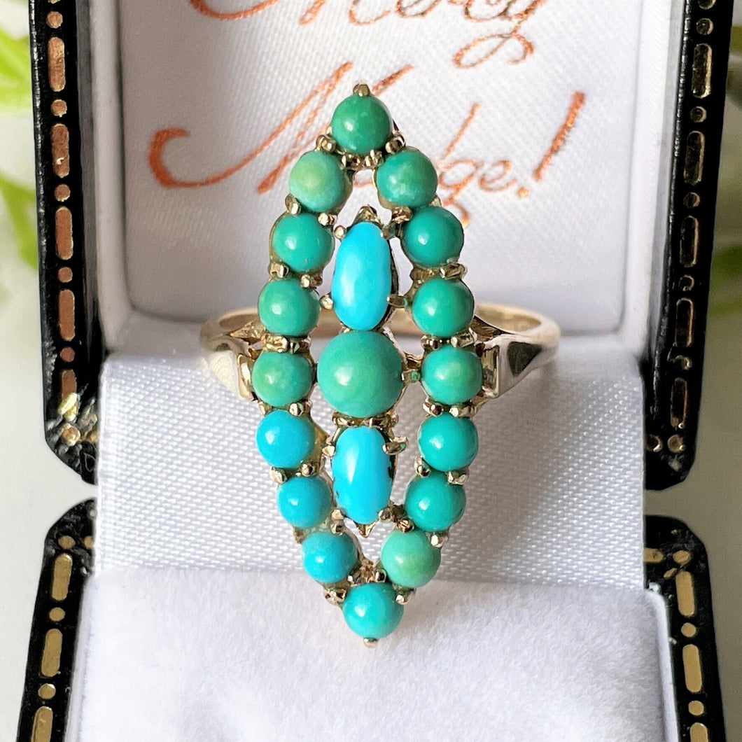 Vintage 9ct Gold Turquoise Marquise Ring. Yellow Gold Turquoise Cluster Ring. Gemstone Set Large Navette Ring. 1970s Statement Cocktail Ring
