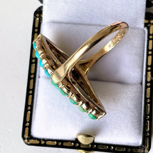Load image into Gallery viewer, Vintage 9ct Gold Turquoise Marquise Ring. Yellow Gold Turquoise Cluster Ring. Gemstone Set Large Navette Ring. 1970s Statement Cocktail Ring
