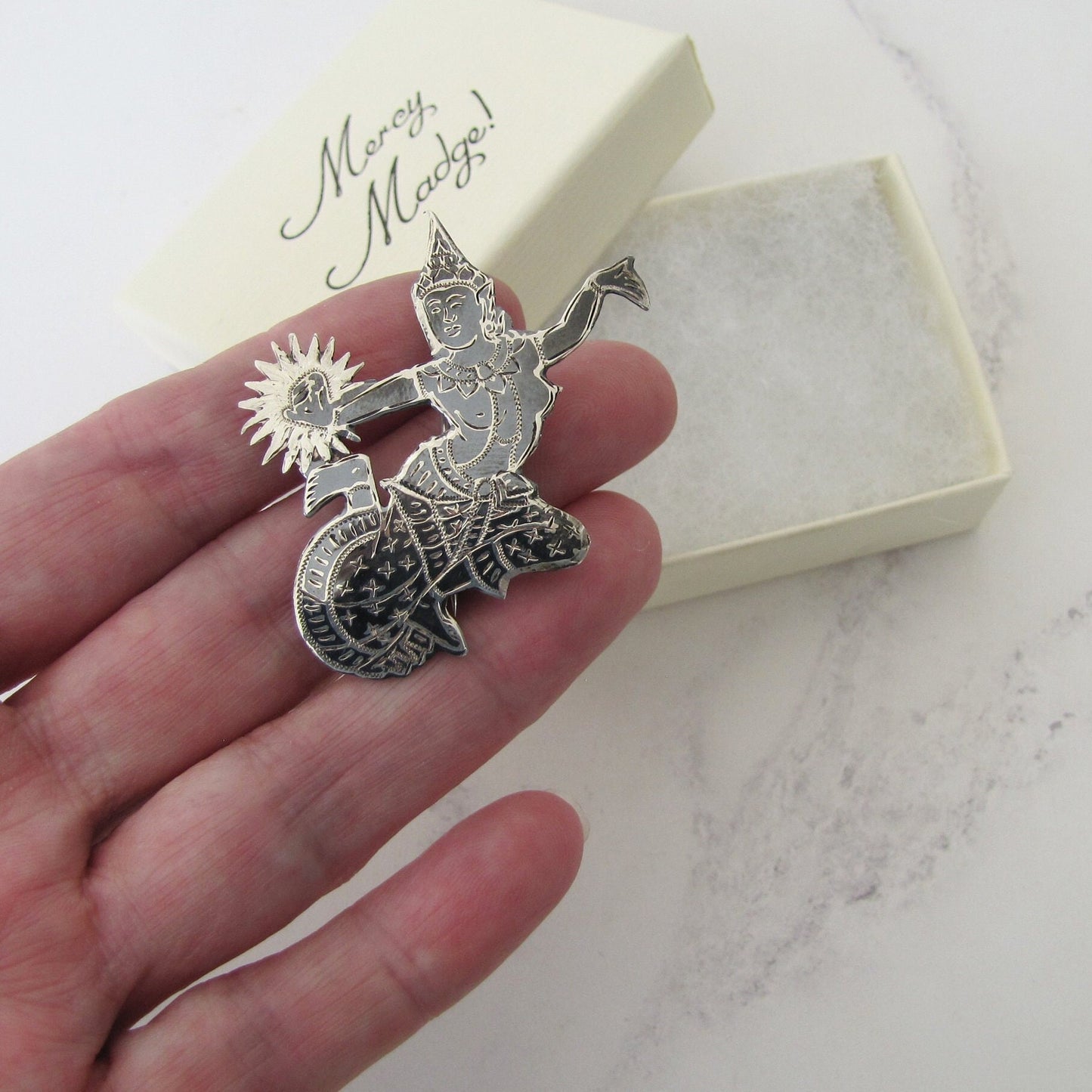Vintage Siam Nielloware Dancing Goddess Brooch. Black Enamel & Sterling Silver Brooch, Mekkala Goddess of Lightning
