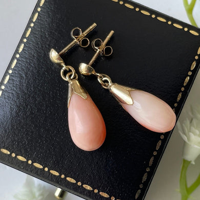 Vintage 9ct Gold Coral Drop Earrings. Pink Angel Skin Coral Teardrop Earrings. Dainty Stud Drop Mediterranean Precious Coral Earrings.