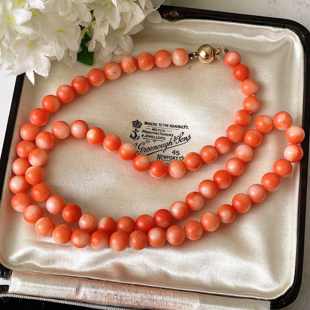 Vintage 9ct Gold Red Coral Bead Necklace. 18-1/2