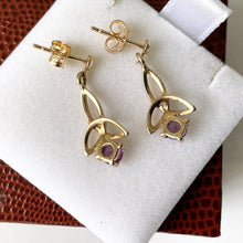 Load image into Gallery viewer, Vintage 14ct Gold Celtic Knot Amethyst Earrings. Yellow Gold Triquetra Eternity Earrings. Purple Gemstone Petite Drop Earrings
