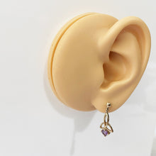 Load image into Gallery viewer, Vintage 14ct Gold Celtic Knot Amethyst Earrings. Yellow Gold Triquetra Eternity Earrings. Purple Gemstone Petite Drop Earrings
