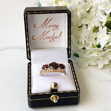 Cargar imagen en el visor de la galería, Vintage 9ct Gold Bohemian Garnet Ring. Edwardian Revival Trilogy Ring. Gold Scrollwork Ring. Antique Style Engagement Ring, Size Q-1/2/8-1/2

