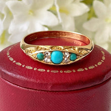 Load image into Gallery viewer, Antique 1901 18ct Gold, Turquoise &amp; Rose Cut Diamond Ring. Victorian/Edwardian Boat Ring. Yellow Gold Band Ring Size Q-1/2 UK/ 8.5 USA
