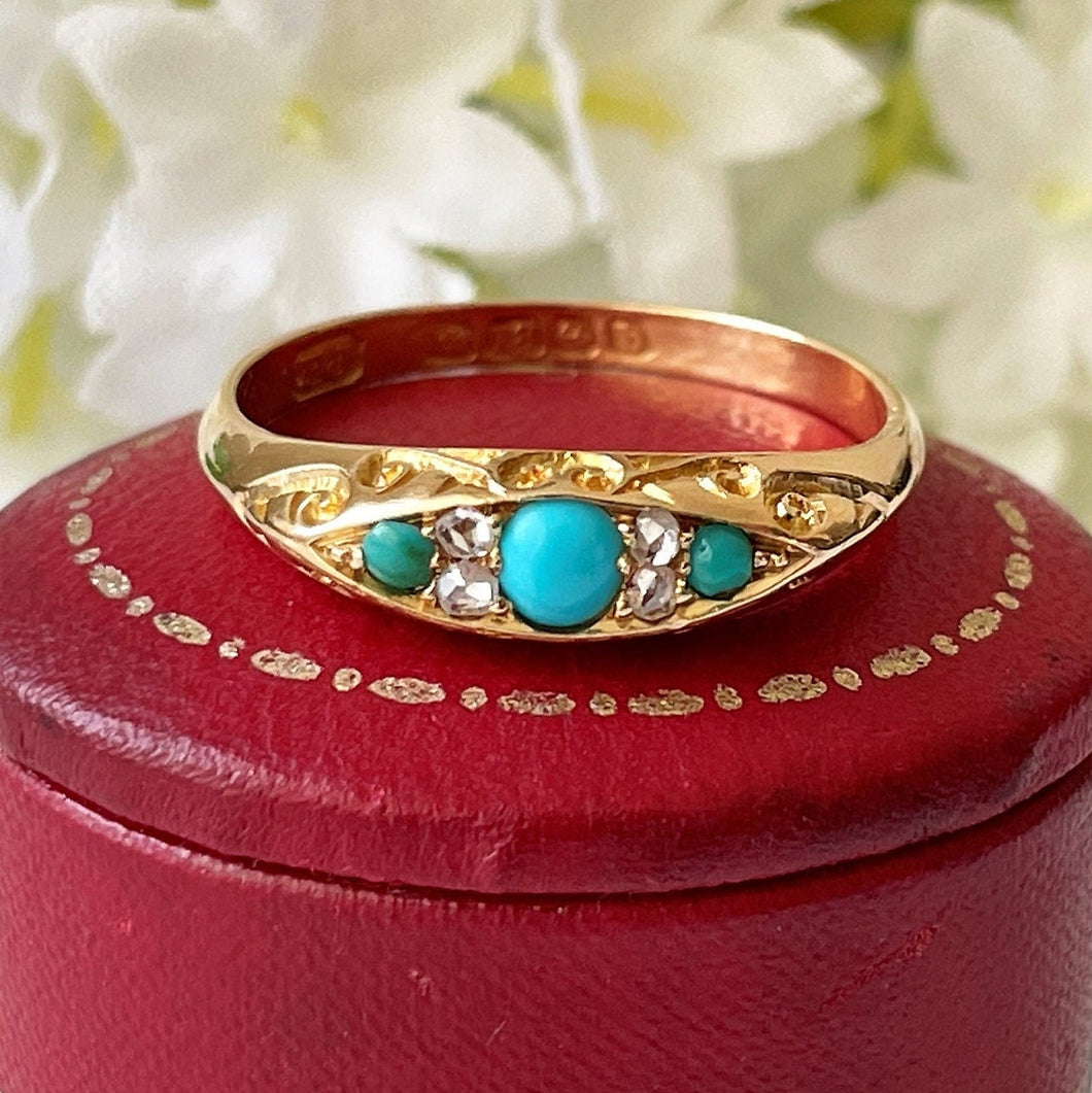 Antique 1901 18ct Gold, Turquoise & Rose Cut Diamond Ring. Victorian/Edwardian Boat Ring. Yellow Gold Band Ring Size Q-1/2 UK/ 8.5 USA