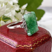 Load image into Gallery viewer, Art Deco Sterling Silver Hand-Carved Jade Ring. Antique 1920s Apple Green Nephrite Jade Ring. Rectangular Green Gemstone Cocktail Ring
