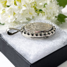 Load image into Gallery viewer, Antique Victorian Sterling Silver Locket. Aesthetic Engraved Lily &amp; Carnation 2-Sided Locket With Period Photos. Victorian Love Token Locket
