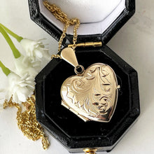 Load image into Gallery viewer, Vintage English 9ct Gold Small Heart Locket Necklace. Engraved Yellow Gold &quot;I Love You&quot; Sweetheart Locket &amp; Chain. Minimalist Pendant Locket
