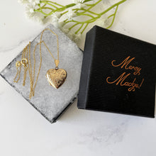 Load image into Gallery viewer, Vintage English 9ct Gold Small Heart Locket Necklace. Engraved Yellow Gold &quot;I Love You&quot; Sweetheart Locket &amp; Chain. Minimalist Pendant Locket

