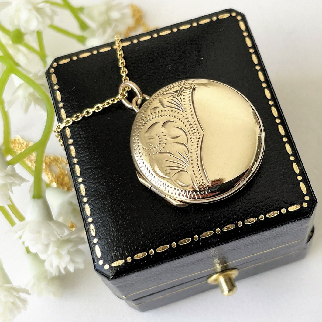 Vintage English 9ct Rolled Gold Round Locket. Floral & Fern Engraved 2-Photo Locket On Chain. Edwardian/Victorian Style Gold Locket Necklace