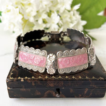Load image into Gallery viewer, Art Deco Pink Guilloche Enamel Sterling Silver Bracelet. Vintage English Enamel Floral Rose Panel Bracelet. Harmony Made In England Bracelet
