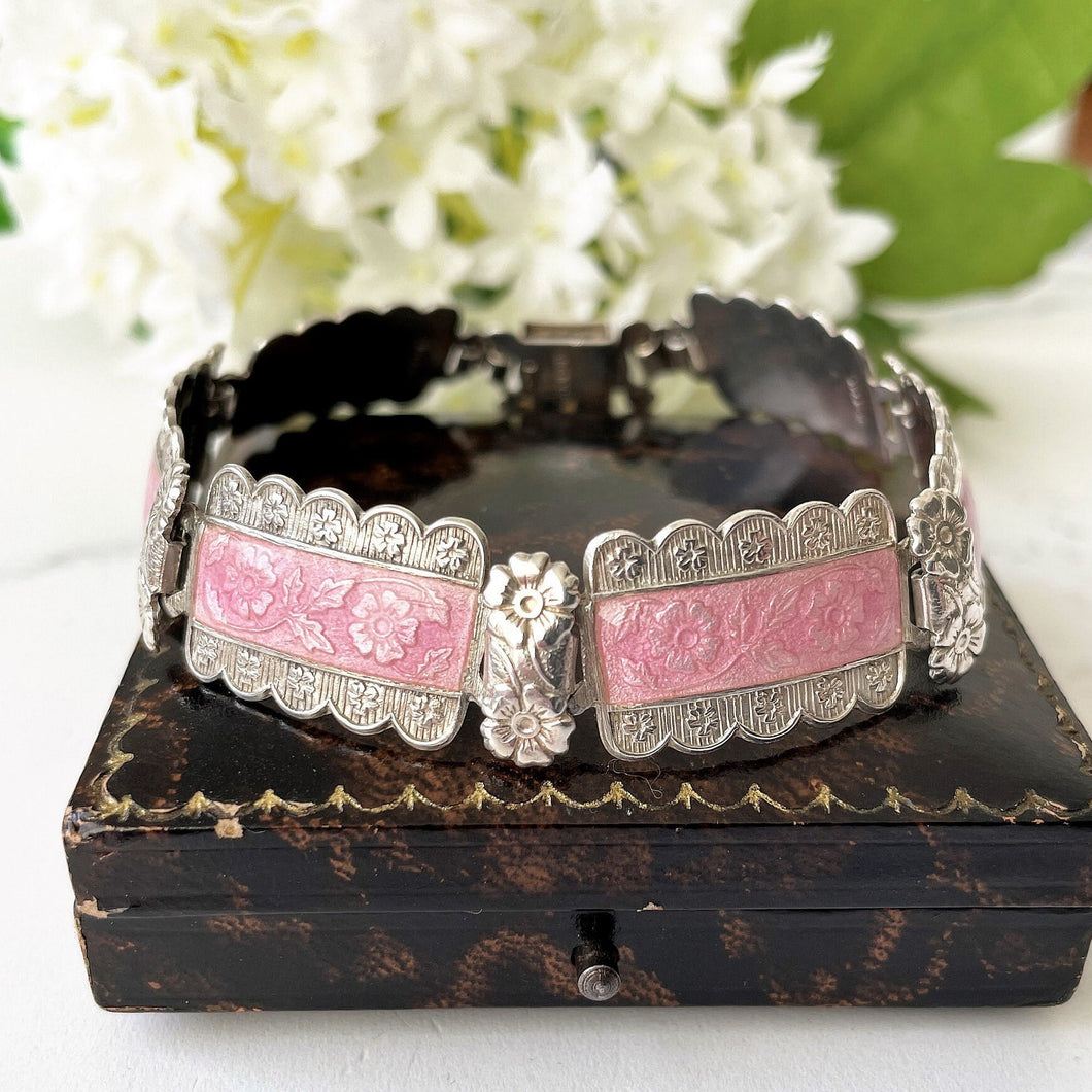 Art Deco Pink Guilloche Enamel Sterling Silver Bracelet. Vintage English Enamel Floral Rose Panel Bracelet. Harmony Made In England Bracelet