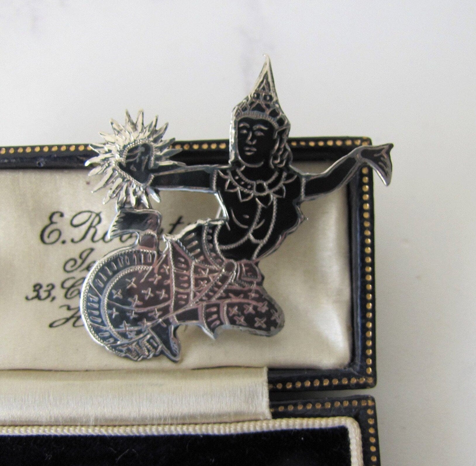 Vintage Siam Nielloware Dancing Goddess Brooch. Black Enamel & Sterling Silver Brooch, Mekkala Goddess of Lightning