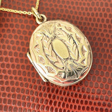 Load image into Gallery viewer, Victorian Engraved Gold Gilt Oval Locket &amp; Chain. Antique Gold On Silver Laurel Wreath Eternity Locket. Gold Photo/Keepsake Memorial Locket
