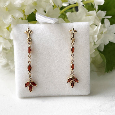 Vintage 9ct Gold Marquise Garnet Drop Earrings. Edwardian Style Bohemian Garnet Long Dangle Earrings. Delicate Gold Gem Set Pendant Earrings