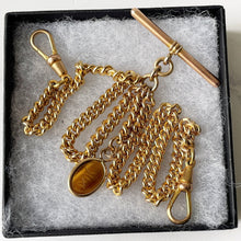 Cargar imagen en el visor de la galería, Antique Victorian 18ct Rolled Gold Double Albert Chain &amp; Fob. Gold Filled Albertina Curb Chain Necklace, Scarab Charm, 2 Dog Clips and T-Bar
