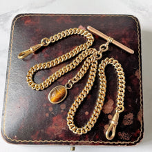 Load image into Gallery viewer, Antique Victorian 18ct Rolled Gold Double Albert Chain &amp; Fob. Gold Filled Albertina Curb Chain Necklace, Scarab Charm, 2 Dog Clips and T-Bar
