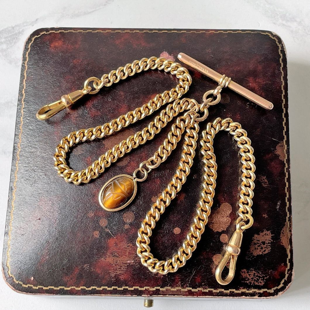 Antique Victorian 18ct Rolled Gold Double Albert Chain & Fob. Gold Filled Albertina Curb Chain Necklace, Scarab Charm, 2 Dog Clips and T-Bar