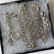 画像をギャラリービューアに読み込む, Victorian Sterling Silver Book Chain Necklace. Antique Snake &amp; Round Link Bookchain With Bolt Ring. Fancy Silver Chain For Lockets/Pendants
