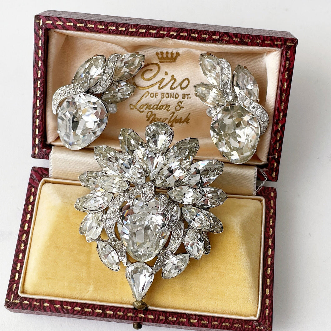 Vintage Eisenberg Clear Crystal Rhinestone Brooch & Earring Set. Huge 1950s Austrian Crystal Diamanté Jewellery Set. Luxury Costume Jewelry