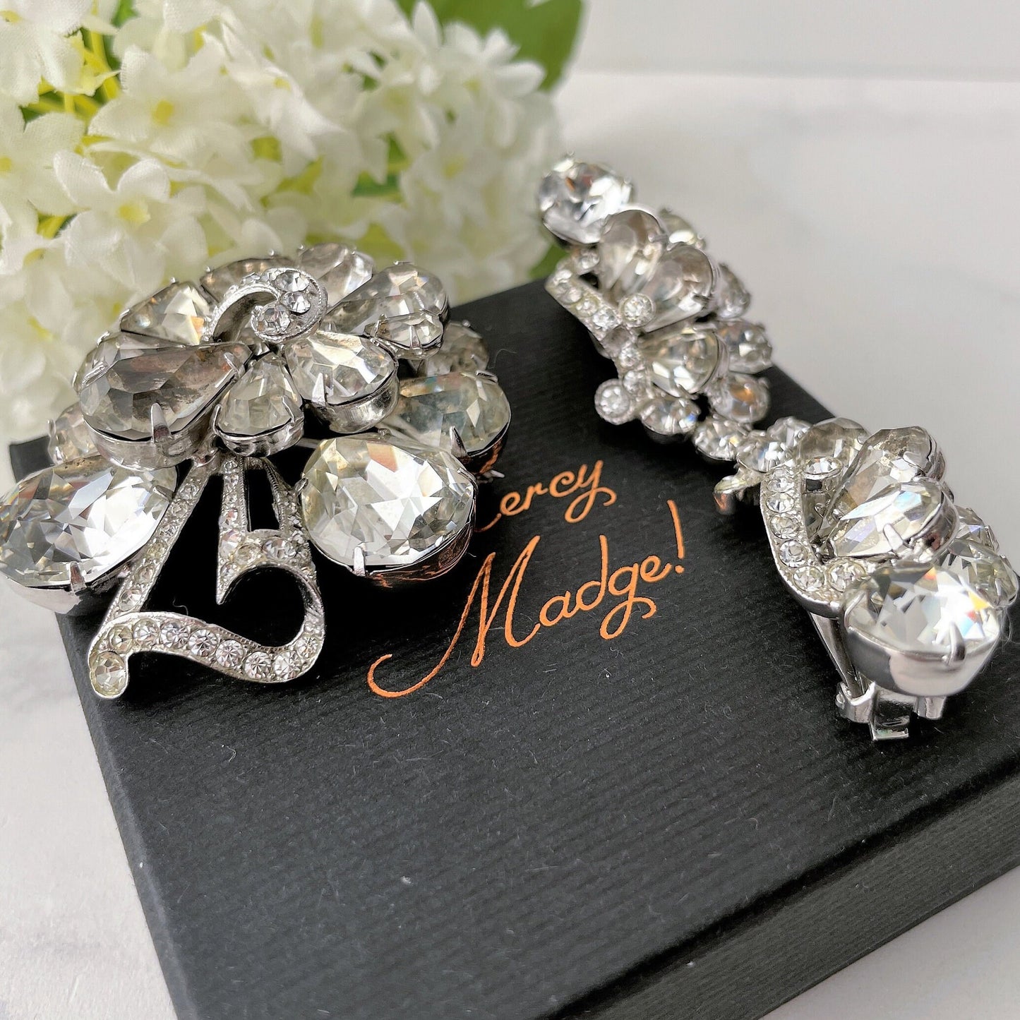 Vintage Eisenberg Clear Crystal Flower Bouquet Brooch & Earring Set. Huge 1940s Austrian Crystal Diamanté Luxury Costume Jewellery Set.