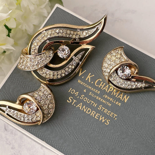 Vintage 1950s Kramer NY Brooch & Clip Earring Set. Retro Paisley Pattern Crystal Rhinestone Brooch, Earring Set. 1940s Costume Jewellery