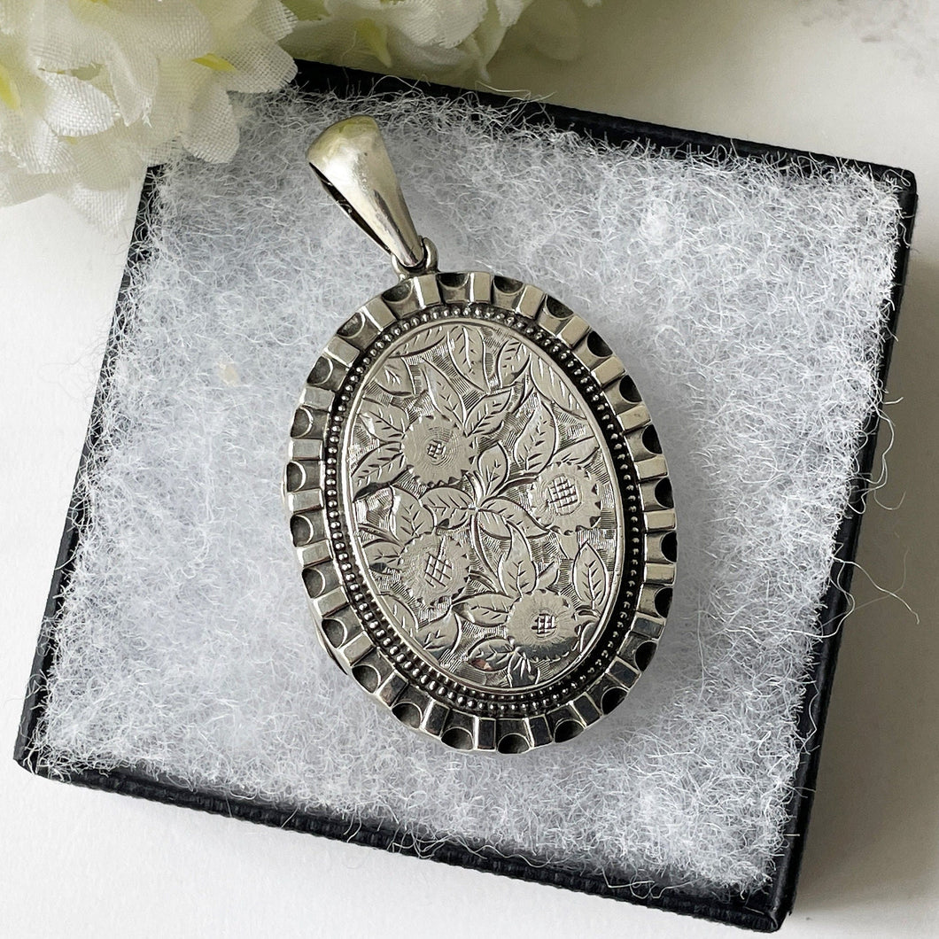 Antique Victorian Sterling Silver Locket. Aesthetic Engraved Lily & Carnation 2-Sided Locket With Period Photos. Victorian Love Token Locket