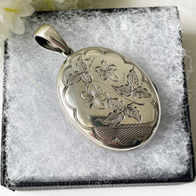 画像をギャラリービューアに読み込む, Antique Victorian Sterling Silver Locket. Aesthetic Engraved Lily &amp; Carnation 2-Sided Locket With Period Photos. Victorian Love Token Locket
