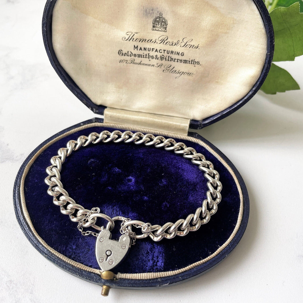 Antique Edwardian Silver Bracelet With Heart Padlock. English Curb Chain Bracelet, 1908. Sterling Silver Watch Chain Sweetheart Bracelet
