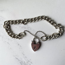 Load image into Gallery viewer, Antique Edwardian Silver Bracelet With Heart Padlock. English Curb Chain Bracelet, 1908. Sterling Silver Watch Chain Sweetheart Bracelet
