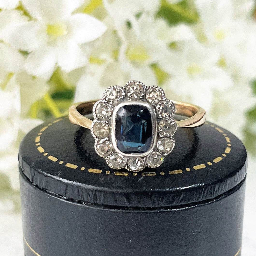 Antique Art Deco Paste Sapphire & Diamond Ring. 1920s 9ct Gold Rectangular Cluster Ring. Antique Cocktail/Engagement Ring, Size N-1/2 / 7 US