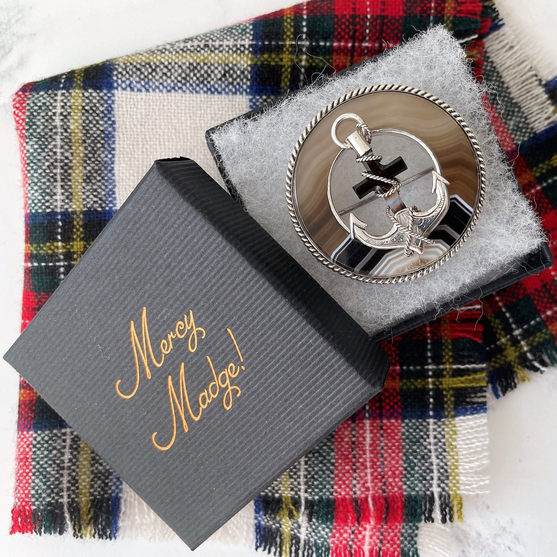Victorian Scottish Silver Banded Agate Cross & Anchor Brooch. Antique Faith and Hope Plaid/Tartan Brooch. Victorian Scottish Pebble Jewelry