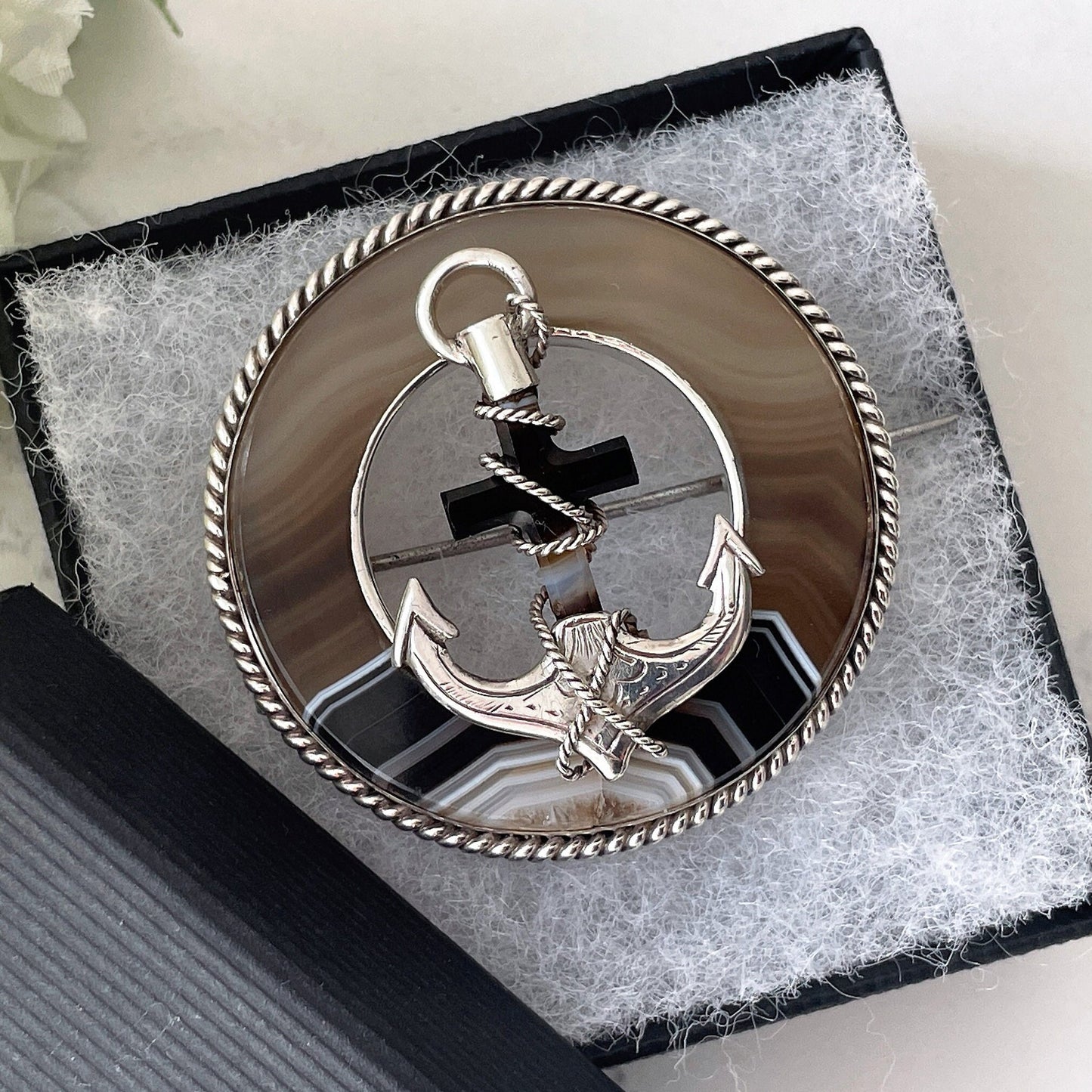 Victorian Scottish Silver Banded Agate Cross & Anchor Brooch. Antique Faith and Hope Plaid/Tartan Brooch. Victorian Scottish Pebble Jewelry
