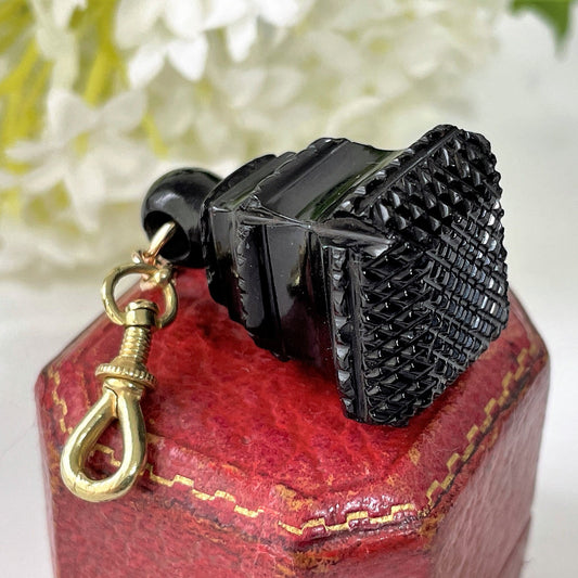 Victorian Carved Whitby Jet Fob Seal. Antique English Jet Fob, Rolled Gold Dog-Clip. Victorian Mourning Pocket Watch Fob/Chatelaine Pendant