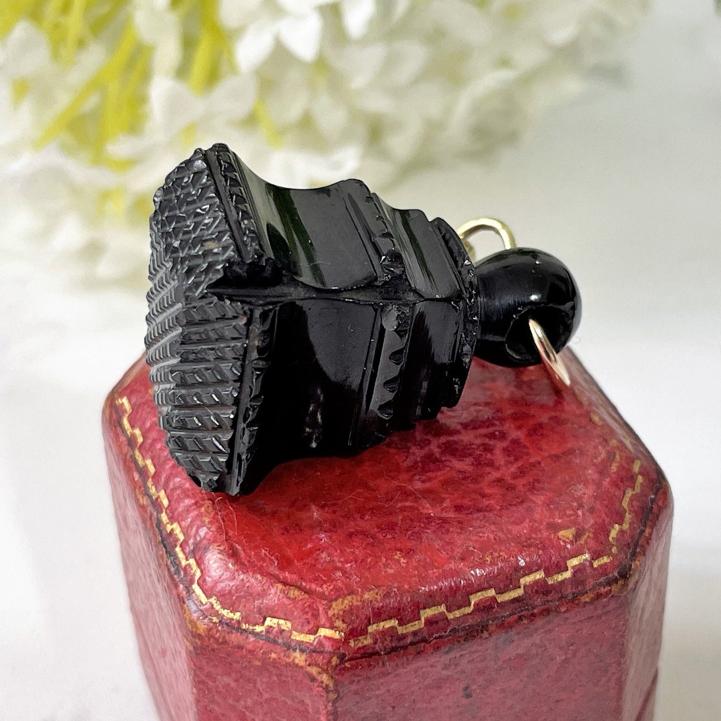 Victorian Carved Whitby Jet Fob Seal. Antique English Jet Fob, Rolled Gold Dog-Clip. Victorian Mourning Pocket Watch Fob/Chatelaine Pendant