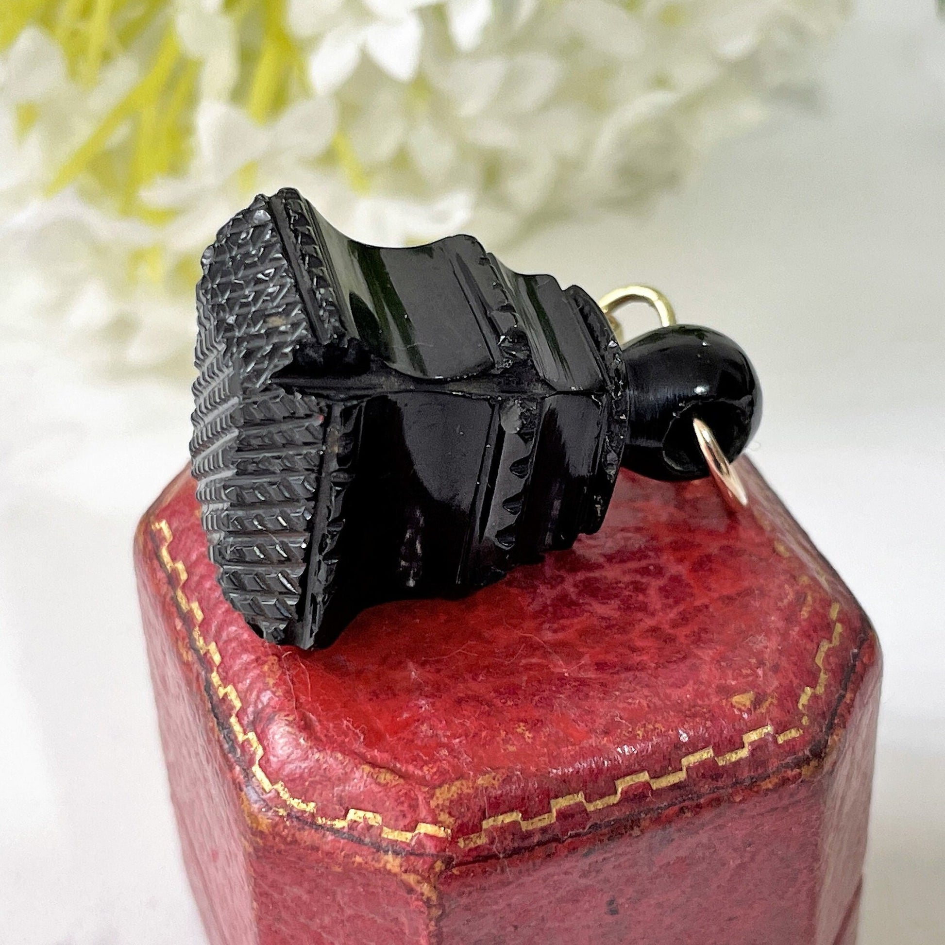Victorian Carved Whitby Jet Fob Seal. Antique English Jet Fob, Rolled Gold Dog-Clip. Victorian Mourning Pocket Watch Fob/Chatelaine Pendant