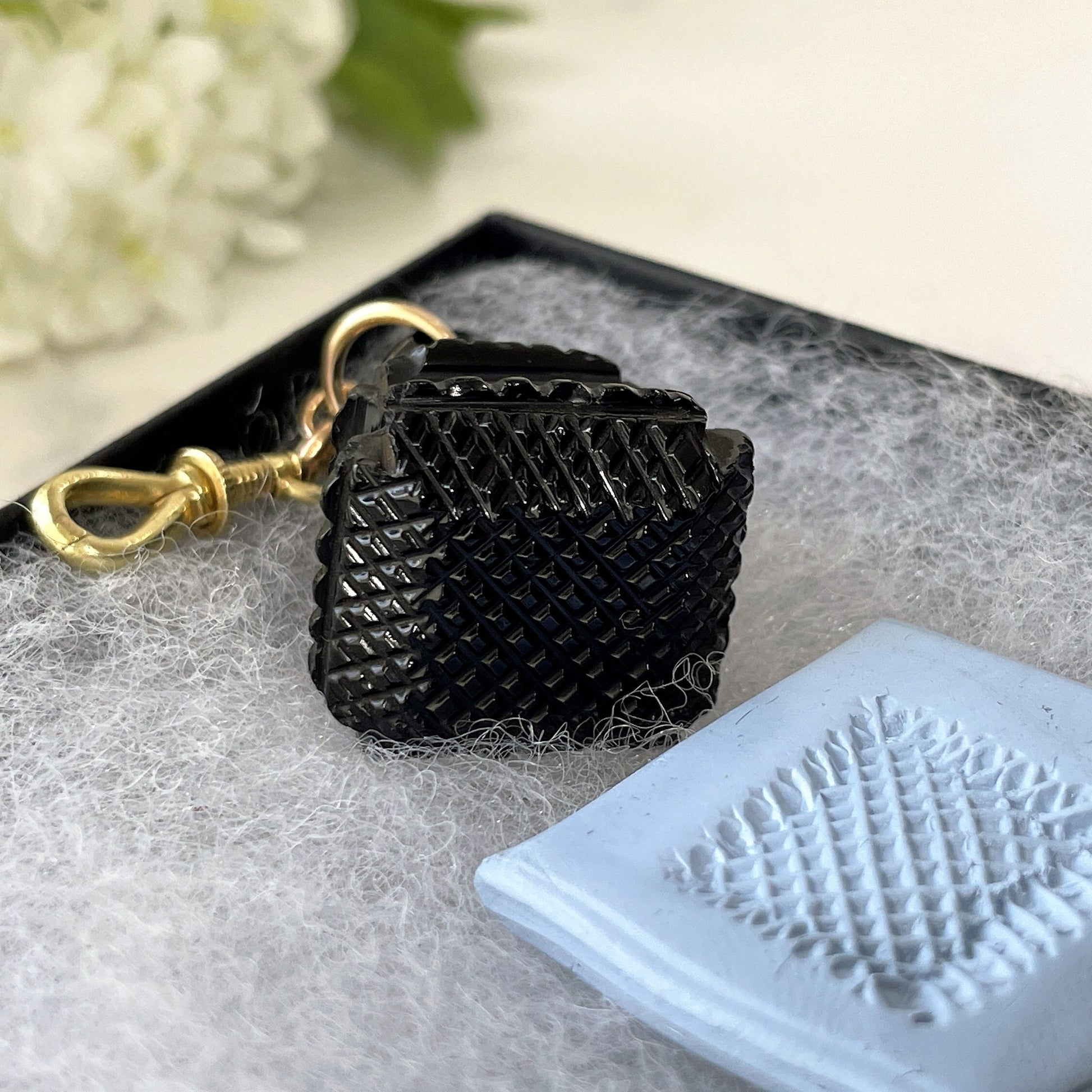 Victorian Carved Whitby Jet Fob Seal. Antique English Jet Fob, Rolled Gold Dog-Clip. Victorian Mourning Pocket Watch Fob/Chatelaine Pendant