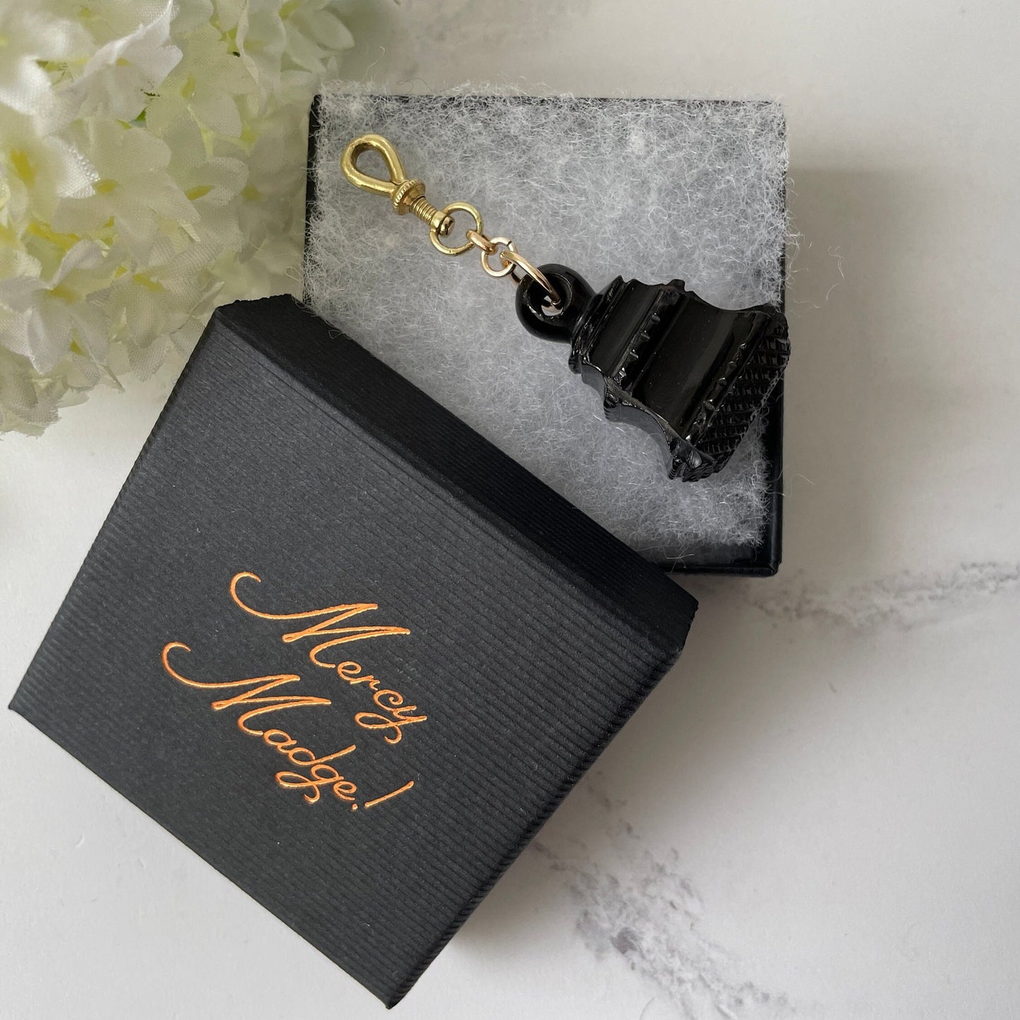 Victorian Carved Whitby Jet Fob Seal. Antique English Jet Fob, Rolled Gold Dog-Clip. Victorian Mourning Pocket Watch Fob/Chatelaine Pendant