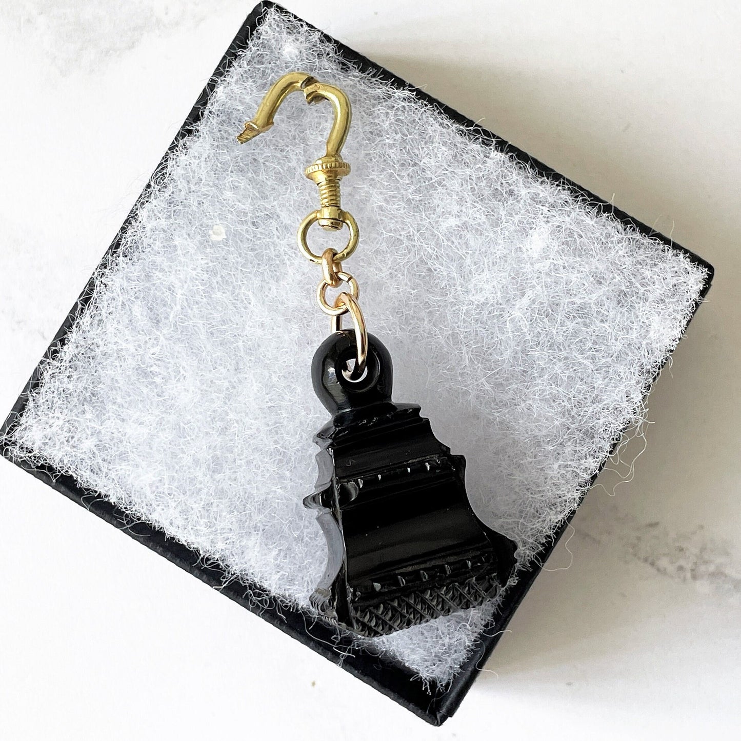 Victorian Carved Whitby Jet Fob Seal. Antique English Jet Fob, Rolled Gold Dog-Clip. Victorian Mourning Pocket Watch Fob/Chatelaine Pendant