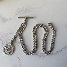 Load image into Gallery viewer, Victorian Sterling Silver Albert Watch Chain &amp; 1876 Masonic Fob. Antique Pocket Watch Chain, T-Bar, Dog Clip. English Curb Chain Bracelet.
