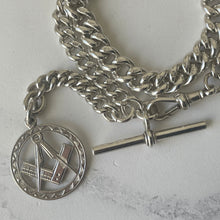 Load image into Gallery viewer, Victorian Sterling Silver Albert Watch Chain &amp; 1876 Masonic Fob. Antique Pocket Watch Chain, T-Bar, Dog Clip. English Curb Chain Bracelet.
