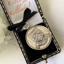 Load image into Gallery viewer, Antique &quot;Beware&quot; Coat Of Arms Sterling Silver Fob. English Edwardian Pendant. Harry Potter À La Mode School Attendance Silver Medal c1903-6
