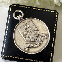 Load image into Gallery viewer, Antique &quot;Beware&quot; Coat Of Arms Sterling Silver Fob. English Edwardian Pendant. Harry Potter À La Mode School Attendance Silver Medal c1903-6
