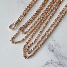 Load image into Gallery viewer, Antique 9ct Rose Rolled Gold 58&quot; Long Guard Chain. Victorian Diamond Cut Belcher Chain Necklace &amp; Dog Clip. Muff/Chatelaine/Sautoir Chain
