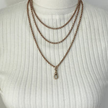 Load image into Gallery viewer, Antique 9ct Rose Rolled Gold 58&quot; Long Guard Chain. Victorian Diamond Cut Belcher Chain Necklace &amp; Dog Clip. Muff/Chatelaine/Sautoir Chain
