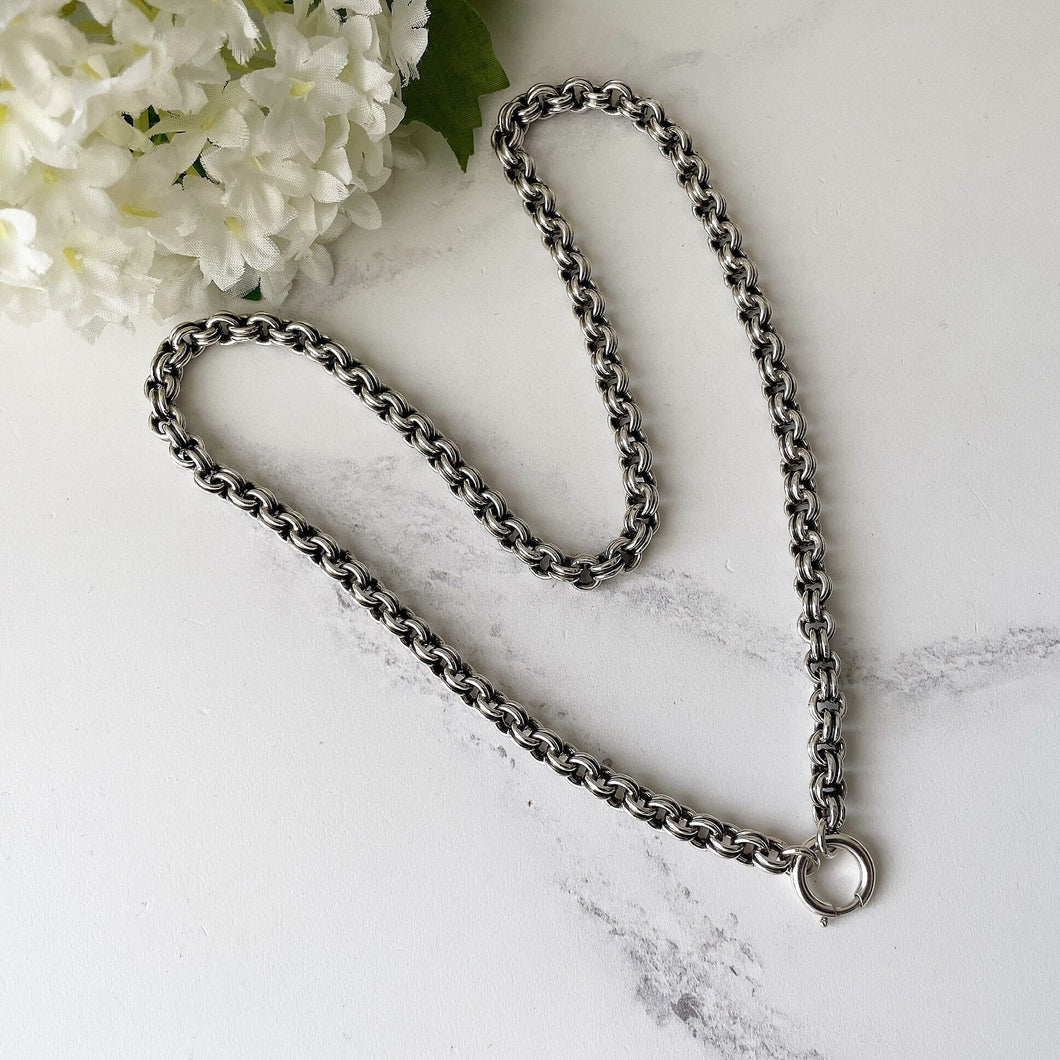 Victorian Sterling Silver Double Belcher Link Chain Necklace. Antique Silver Book Chain & Detachable Bolt Ring Necklace For Lockets/Pendants