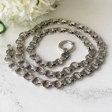 Cargar imagen en el visor de la galería, Victorian Sterling Silver Book Chain Necklace. Antique Snake &amp; Round Link Bookchain With Bolt Ring. Fancy Silver Chain For Lockets/Pendants
