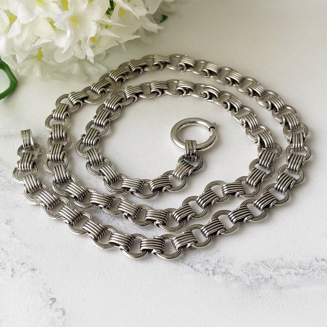 Victorian Sterling Silver Book Chain Necklace. Antique Snake & Round Link Bookchain With Bolt Ring. Fancy Silver Chain For Lockets/Pendants