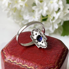 画像をギャラリービューアに読み込む, Art Deco Paste Sapphire &amp; Diamond Marquise Ring. Silver Set Antique Paste Gemstone Ring. Art Deco Geometric Cocktail Ring, Size Q/ 8.25

